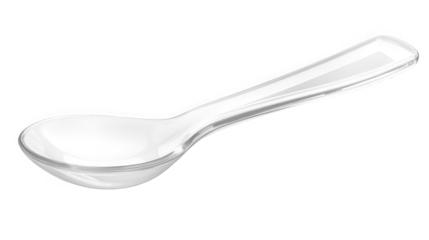 Clear glass serving spoon with long handle and reflective surface on transparent background