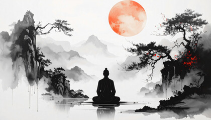 Enso-Inspired Zen Concept Art with Ink Wash and Minimal Space,AI generated