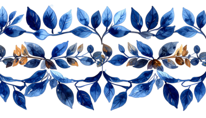 Watercolor design intertwined blue leaves with touches of gold, black background