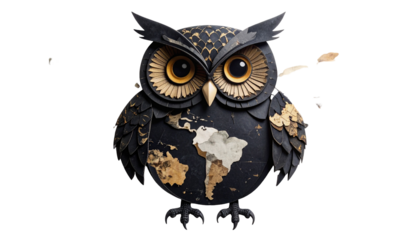 Stylized owl combining world map, gold accents, and black backdrop