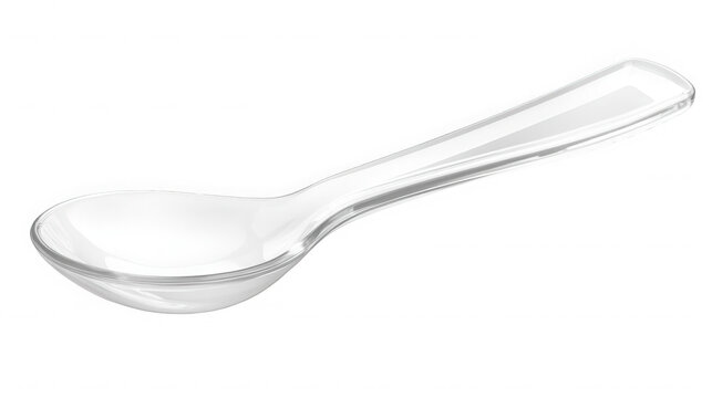 Clear glass serving spoon with long handle and reflective surface on transparent background
