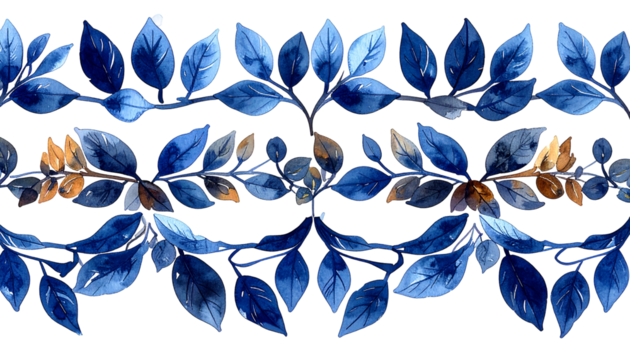 Watercolor design intertwined blue leaves with touches of gold, black background - Powered by Adobe
