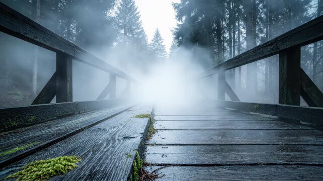 Atmospheric wooden bridge covered in thick fog leading into a mysterious dark forest. Concept of unknown