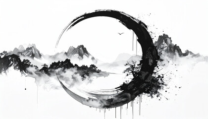 Enso-Inspired Zen Concept Art with Ink Wash and Minimal Space,AI generated