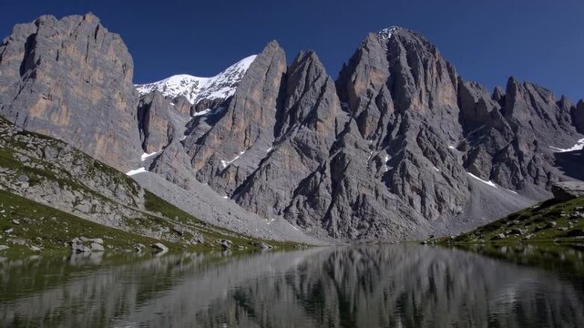 Alpine mountain range reflected in lake, jagged granite peaks with snowfields under deep blue sky, mirrorlike water in foreground, green alpine meadow and scree slopes, dramatic contrast of light