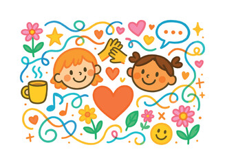 Colorful Emotional Bonding. Emotional Bonding. Colorful Hand-drawn doodle Children illustration hearts, intertwined lines, flowers, stars, sparkles, warm