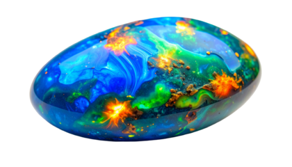 Vivid, polished gemstone displaying vibrant blues, greens, golds, and blacks