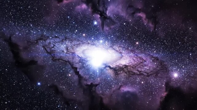 A stunning astronomical image of a vibrant nebula with stars and stardust in deep space with purple and blue hues