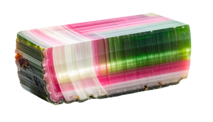 Cross-section of a colorful crystal, showing layers of pink, green, & white
