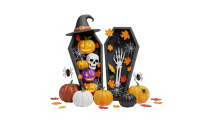 Halloween Coffin Decorations with Pumpkins, Skull, Skeleton Hand, and Spiders