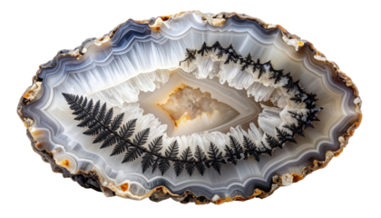 Polished cross-section of agate rock with intricate patterns