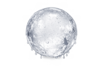Clear liquid sphere forming a water ball with droplets and icy texture, showing refreshing and hydration concepts, on transparent background