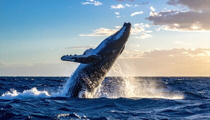 Fototapeta premium Majestic Humpback Whale Breaching During Golden Hour Sunset Over The Ocean.