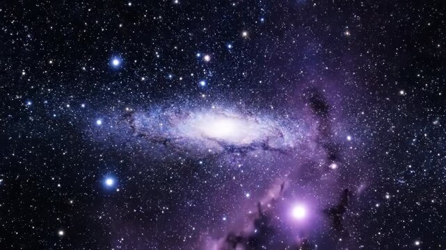 A stunning galaxy with vibrant purple and blue hues in the vastness of space filled with stars and celestial bodies