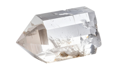 Clear, multifaceted quartz crystal with sharp edges, isolated