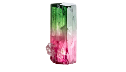 Gem-like crystal with pink, green, & clear facets, isolated on black