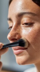 Woman using a cosmetic brush on her face, focusing on beauty care and skin routine