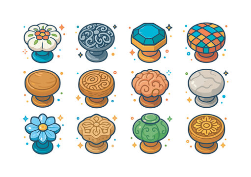 Ornate Knob Icons. Ornate knobs. Colorful isometric vector icons set of ornate knobs: floral ceramic knob, filigree metal knob, gemstone inset knob, mosaic