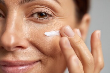 Woman applying face cream to wrinkles under her eye for beauty care