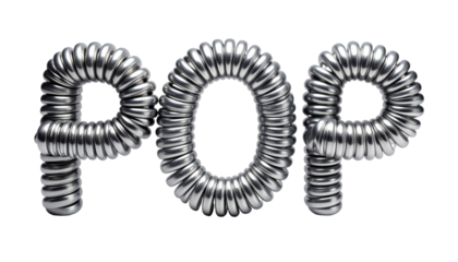 Shiny, metallic "POP" letters coiled into a ribbed, industrial design
