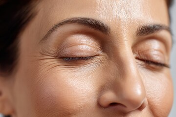 Mature woman showing natural eye wrinkles, focusing on aging and beauty care