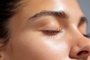 Woman's closed eyes with healthy skin and eyelashes highlight beauty care