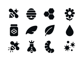 Fototapeta premium Bee Icon Collection. Bees. Solid icon set of Bees: bee, hive, honeycomb, flower, jar of honey, wing, leaf, droplet, buzzing lines, bee queen, larvae, pollen.