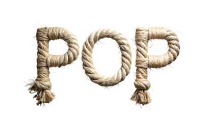 Word "POP" crafted from thick, tan rope against a stark black background