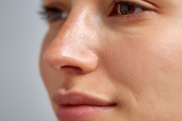 Woman's nose and face showing natural skin texture, health, and beauty care