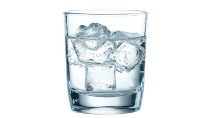 Clear glass filled with ice cubes and sparkling water on transparent background