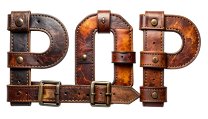 Letters "PDP" crafted from weathered brown leather with metal clasps