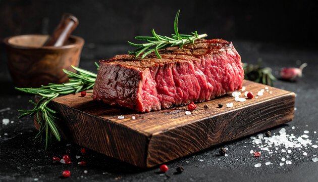 A juicy beef steak with rosemary on a wooden board against a dark background.