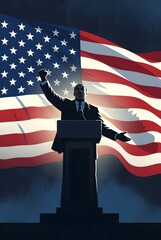 Naklejka premium Politician at Podium with Raised Fist in Patriotic Silhouette against Waving American Flag in Dramatic Blue Lighting for Political Campaign