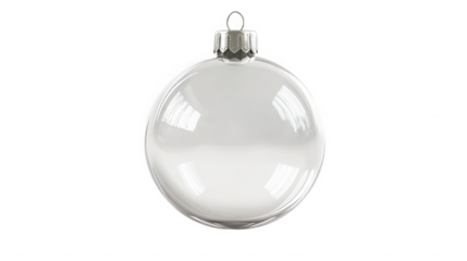 Clear christmas bauble decoration with a silver cap hanging from a loop on transparent background