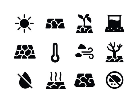 Drought Icon Set. Drought conditions. Solid icon set of Drought conditions: sun icon, dry land, wilted plant, empty reservoir, cracked field, thermometer, dust