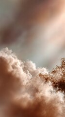Ethereal brown clouds with sunlight filtering through, obscuring tree branches creating a vertical soft background
