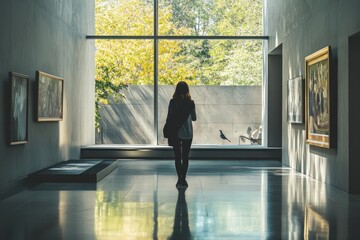 Visitor explores an art gallery with contemporary works and natural light