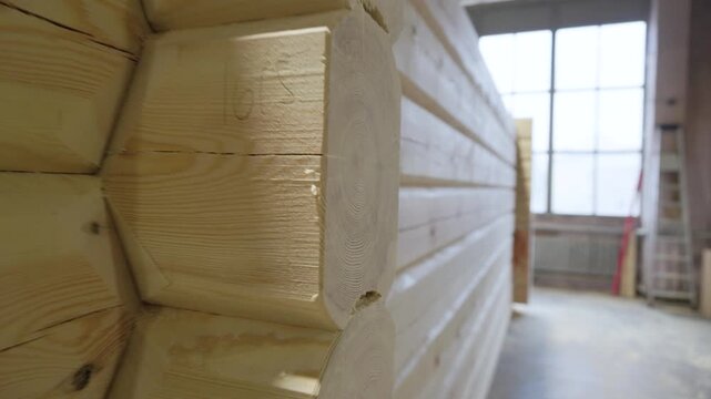 Stacked wooden logs form the corner of a cabin structure inside a workshop. Construction tools and wood materials are visible in the background. Copy space present