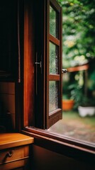 Wooden window frame with raindrops on glass, revealing a lush green garden outside