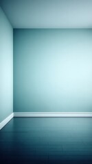 Empty room showing blue teal walls, dark wooden floor, and white baseboard