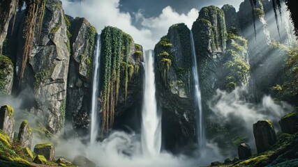 Dramatic waterfalls flowing into a misty cave entrance within an ancient jungle landscape. Concept of untouched nature and mystery