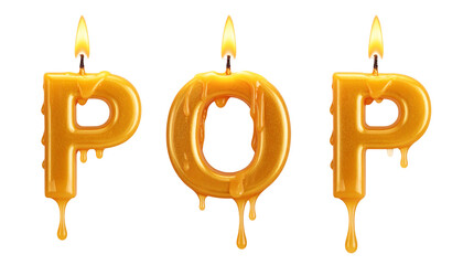 Three golden letters spelling "POP," each a candle with a lit flame, black background