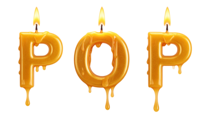 Three golden letters spelling "POP," each a candle with a lit flame, black background