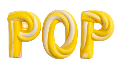 Yellow and white swirled candy letters spell "POP" against a black backdrop