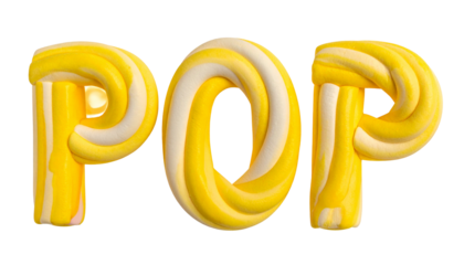 Yellow and white swirled candy letters spell "POP" against a black backdrop