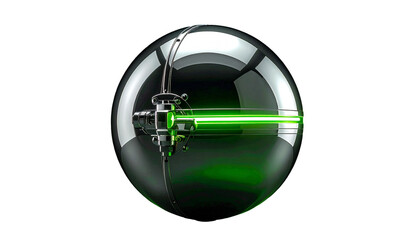 Metallic sphere with green laser emission, high gloss finish, black background