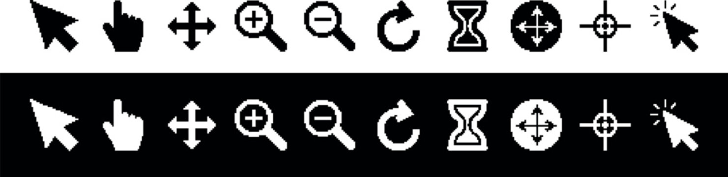 Pixelated collection of various computer cursor and symbol icons