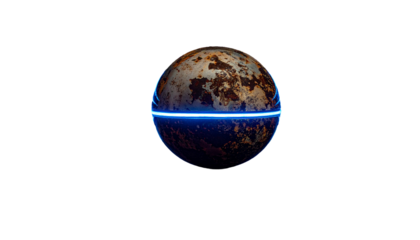 A rusty sphere bisected by a glowing blue line, set against black