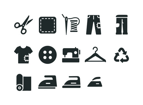Upcycled Clothing Icons. Upcycling clothes. Solid icon set of Upcycling clothes: scissors, patch, needle, thread, old jeans, t-shirt, button, sewing machine,