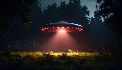 A luminous, disc-shaped object hovers above a grassy clearing in a forest at night. Illuminated area glows